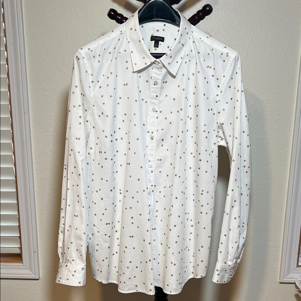 Talbots White Button Down Shirt with Gold Star Accents